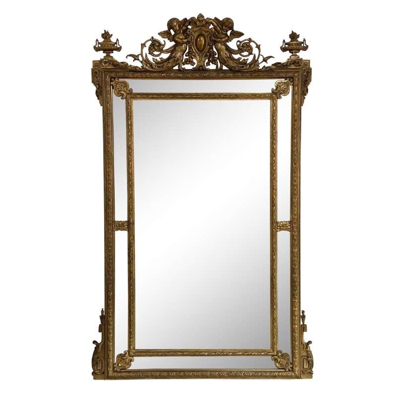 Antique gilt and floral cushion over mantle mirror