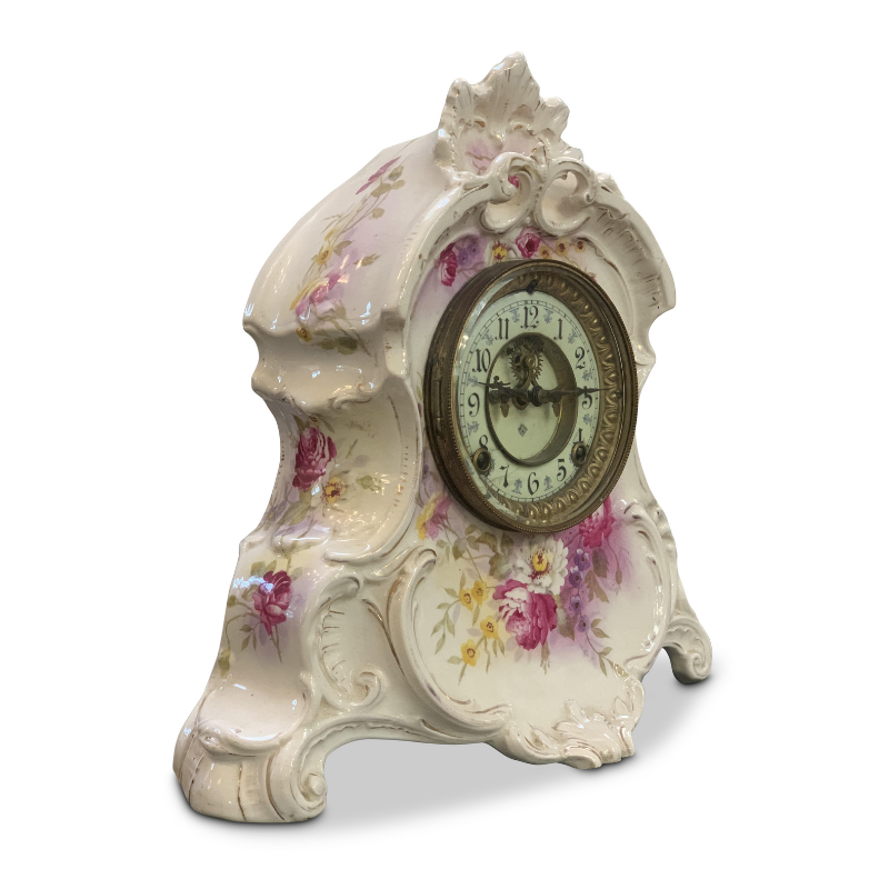 American Ansonia white floral clock