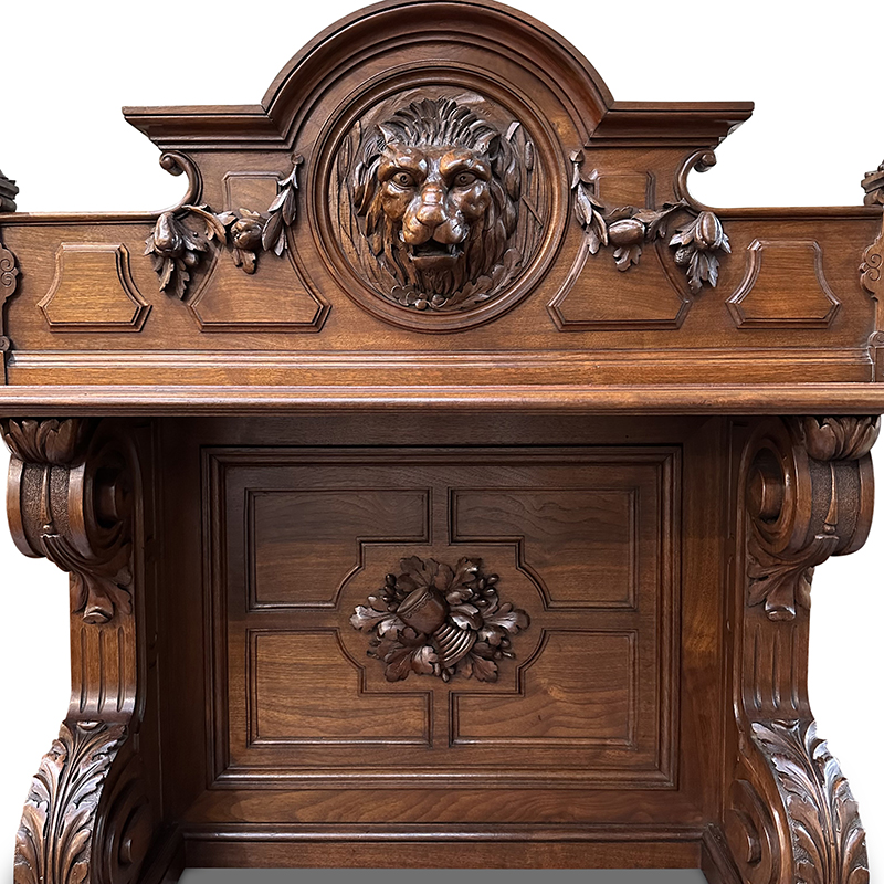 French walnut two door, two drawer, sideboard with carved lions and hare's heads c.1880