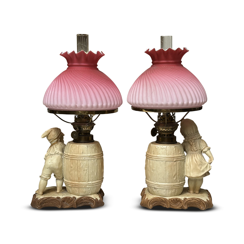 back of Pair Victorian decorative oil lamps