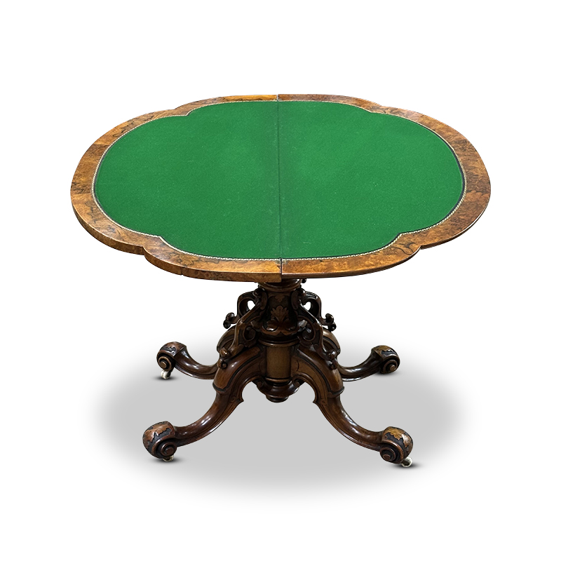 open green felt of Antique burr walnut card table