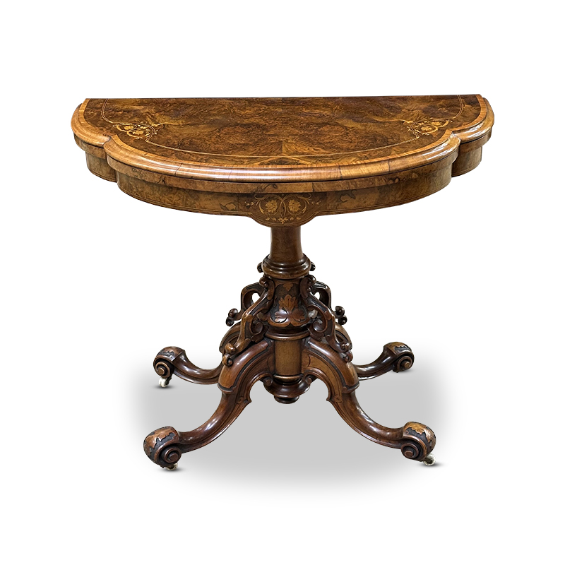 exquisite burr walnut card table with intricate inlays and carved pedestal base