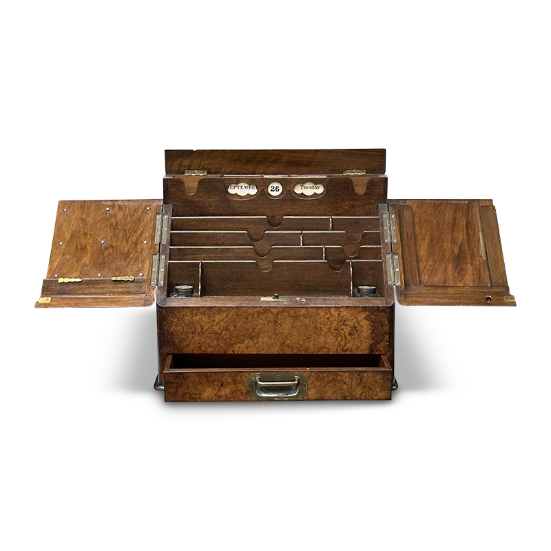 burr walnut stationery box open with calendar and fully fitted with stationery compartments